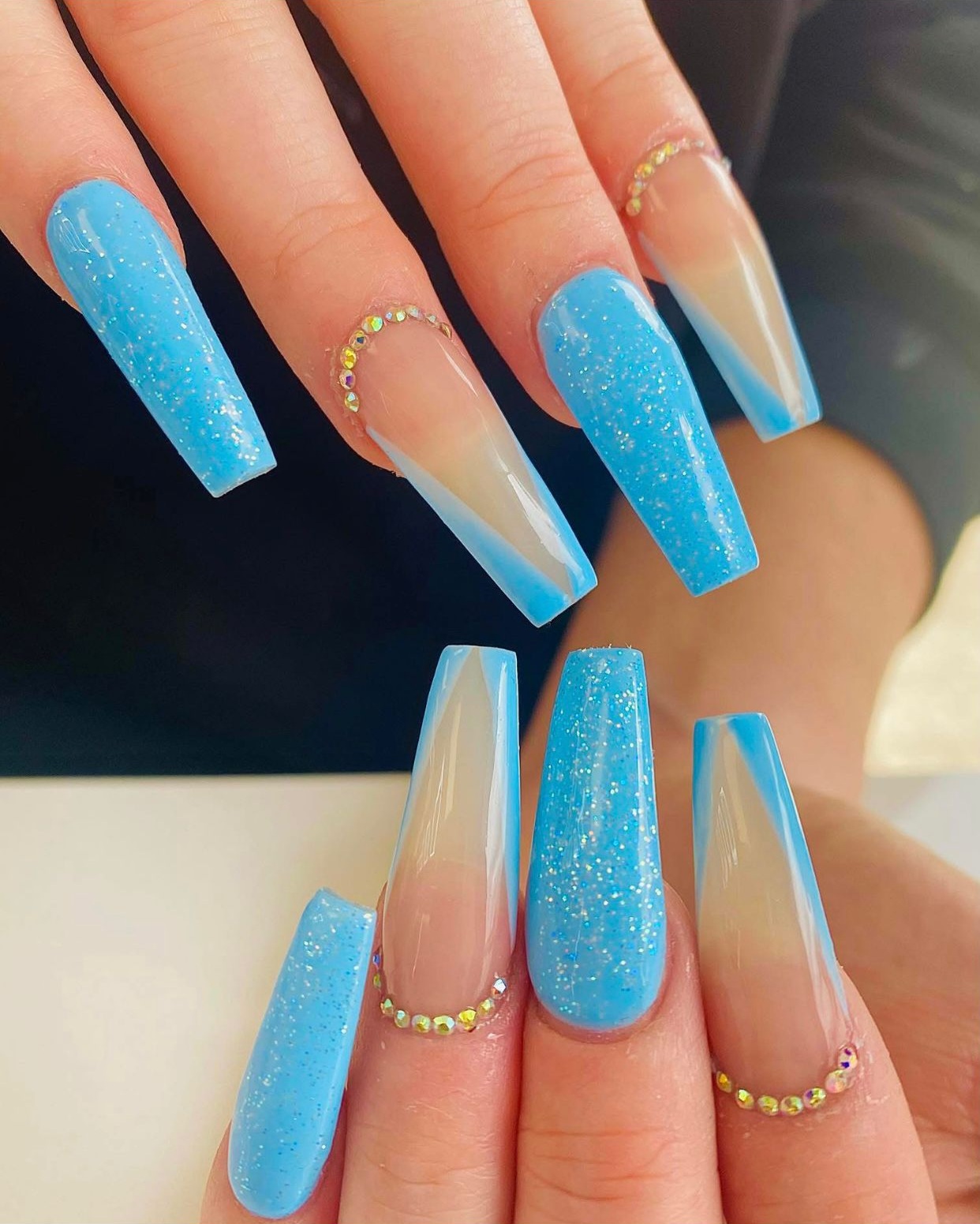 Classic French tip manicure with coffin-shaped nails